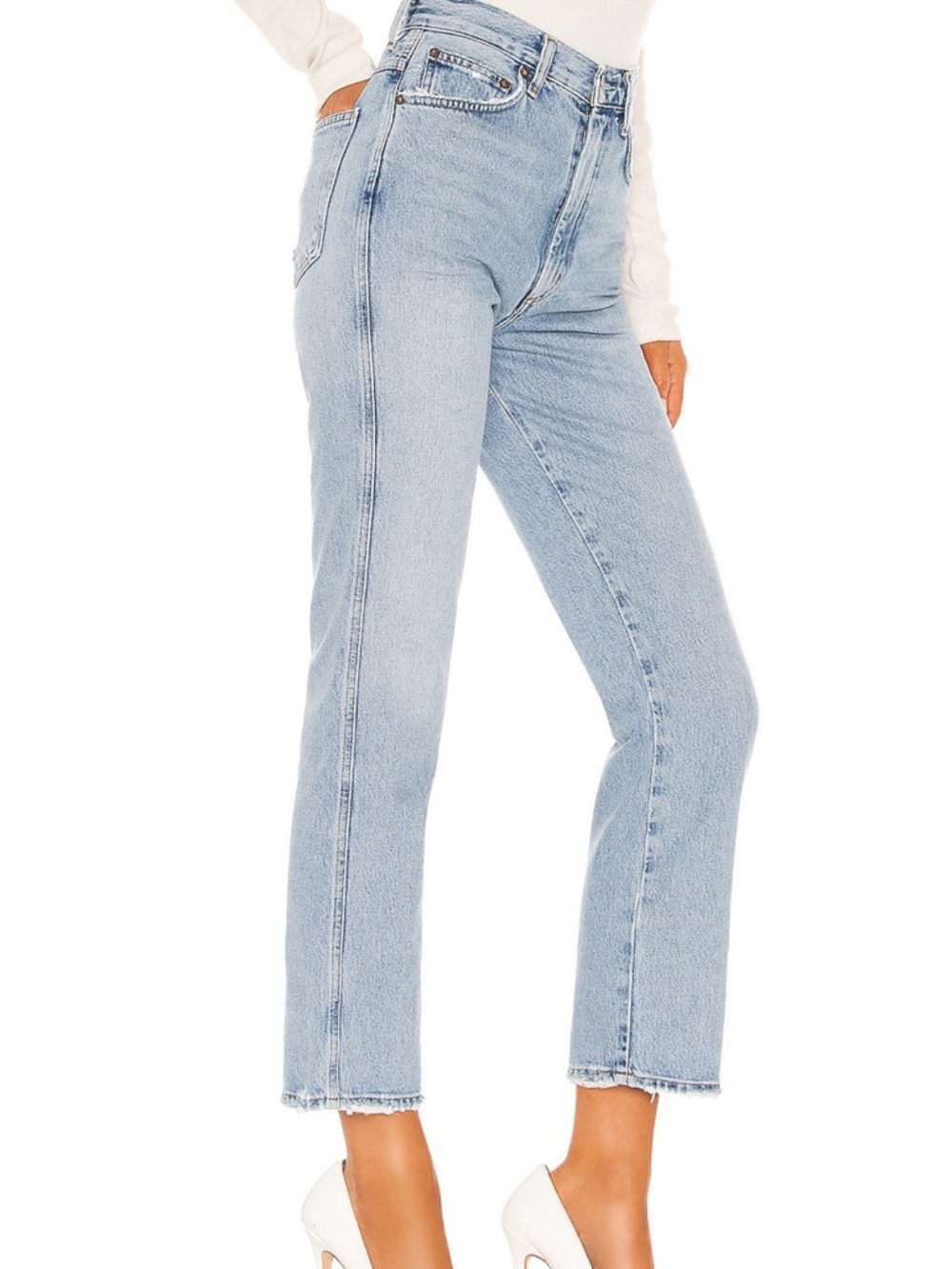 Agolde Pinch Waist High Rise Kick Straight Jeans in Light Blue Riptide